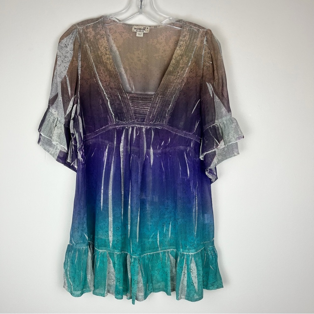 One World Ombré Ruffle Semi Sheer Fairy Tunic Top Medium